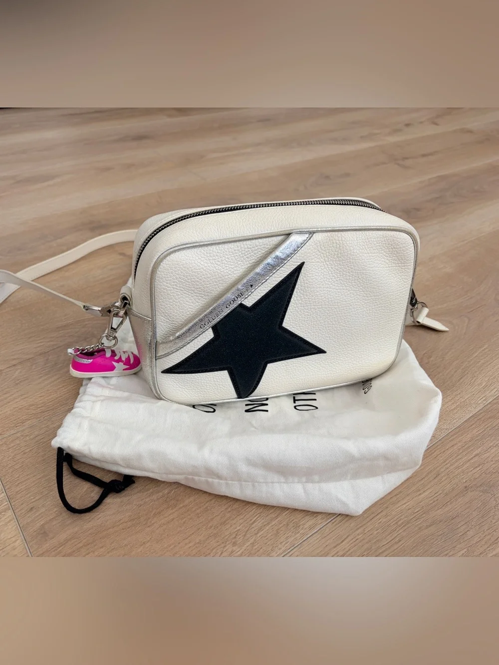 Golden Goose White Leather Crossbody with Black Star and Silver Trim